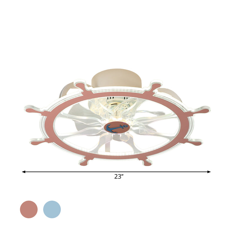 7 Blades Steering Wheel Semi Flush Ceiling Light Modernist Acrylic Nursery Room LED Pendant Fan Light in Pink/Blue, 23" Wide Clearhalo 'Ceiling Fans with Lights' 'Ceiling Fans' 'Kids Ceiling Fans' 'Kids' Lighting' 1650585