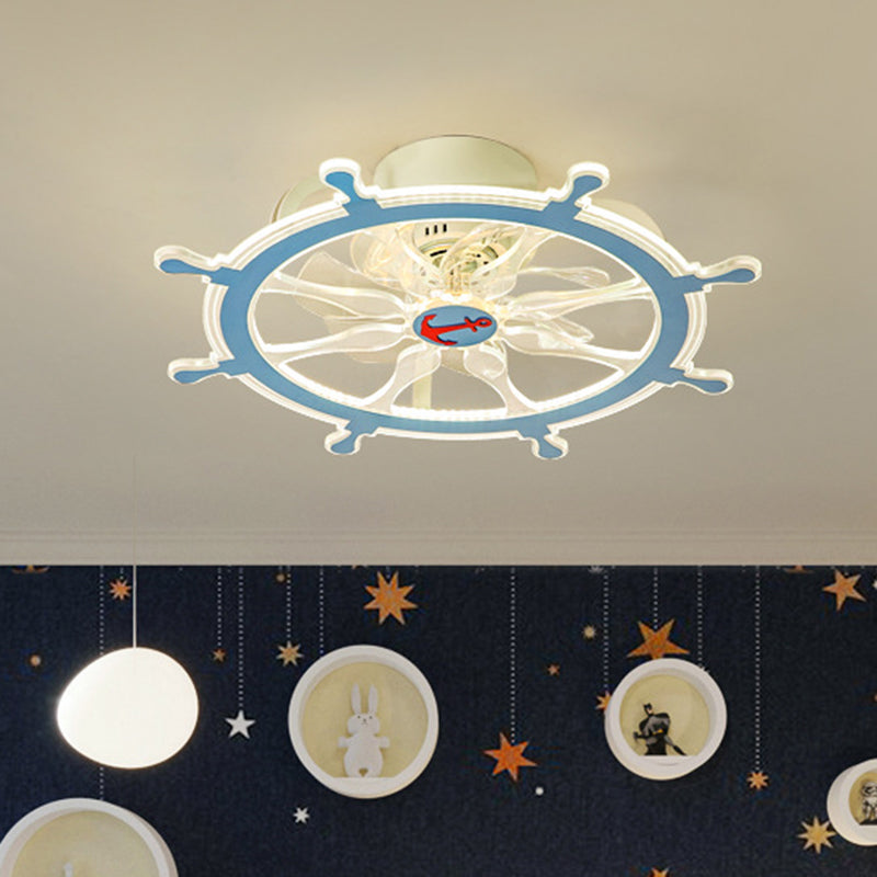 7 Blades Steering Wheel Semi Flush Ceiling Light Modernist Acrylic Nursery Room LED Pendant Fan Light in Pink/Blue, 23" Wide Blue Clearhalo 'Ceiling Fans with Lights' 'Ceiling Fans' 'Kids Ceiling Fans' 'Kids' Lighting' 1650586