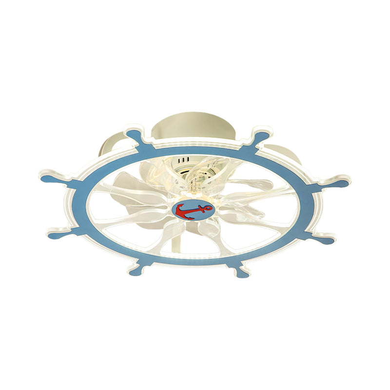 7 Blades Steering Wheel Semi Flush Ceiling Light Modernist Acrylic Nursery Room LED Pendant Fan Light in Pink/Blue, 23