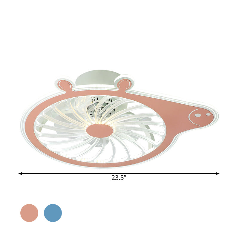 Cartoon Pig Children Room Hanging Fan Fixture Acrylic Simple LED Semi Flush Ceiling Lamp in Pink/Blue, 23.5
