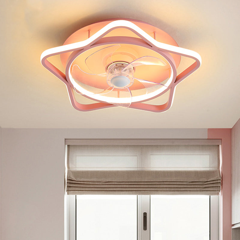 5-Blade Round/Star Shape Kid Room Pendant Fan Light Acrylic LED Contemporar Semi Flush Mount Lamp, 18 Inch Dia Pink Round Clearhalo 'Ceiling Fans with Lights' 'Ceiling Fans' 'Kids Ceiling Fans' 'Kids' Lighting' 1650606