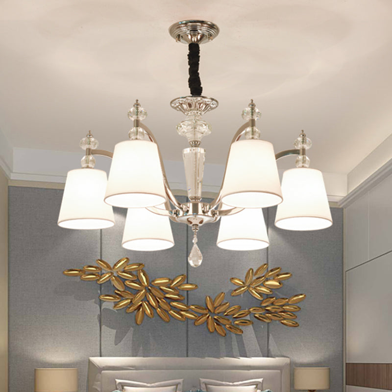Conic Chandelier Light Fixture Modern Fabric 3/6 Heads Chrome Suspension Pendant with Crystal Drop Clearhalo 'Ceiling Lights' 'Chandeliers' 'Modern Chandeliers' 'Modern' Lighting' 1650652