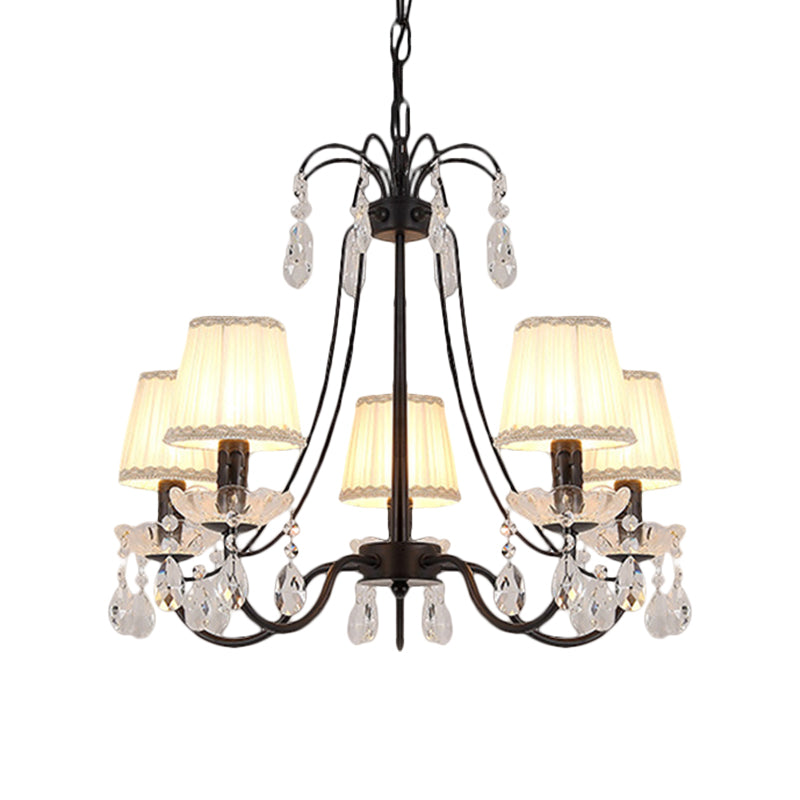 Modernist Cone Hanging Chandelier Fabric 5/6/8 Bulbs Restaurant Down Lighting with Dropping Crystal in Black Clearhalo 'Ceiling Lights' 'Chandeliers' 'Modern Chandeliers' 'Modern' Lighting' 1650658