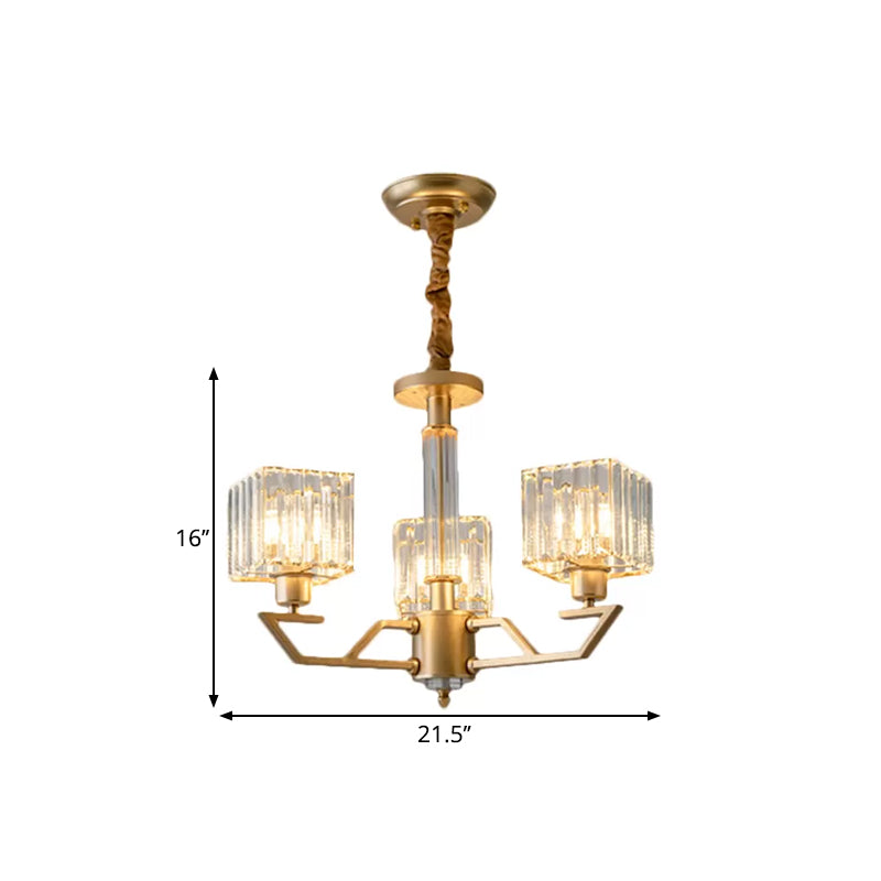 Clear Crystal Prisms Cubic Chandelier Minimalism 3/6-Light Gold Suspended Lighting Fixture Clearhalo 'Ceiling Lights' 'Chandeliers' 'Modern Chandeliers' 'Modern' Lighting' 1650673