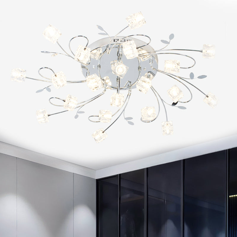 Chrome Cube Semi Flush Mount Modern 11/20-Light Hand-Cut Crystal Ceiling Lamp with Metal Leaf Deco 20 Chrome Clearhalo 'Ceiling Lights' 'Close To Ceiling Lights' 'Close to ceiling' 'Semi-flushmount' Lighting' 1650824
