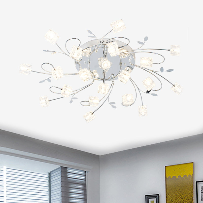Chrome Cube Semi Flush Mount Modern 11/20-Light Hand-Cut Crystal Ceiling Lamp with Metal Leaf Deco Clearhalo 'Ceiling Lights' 'Close To Ceiling Lights' 'Close to ceiling' 'Semi-flushmount' Lighting' 1650825