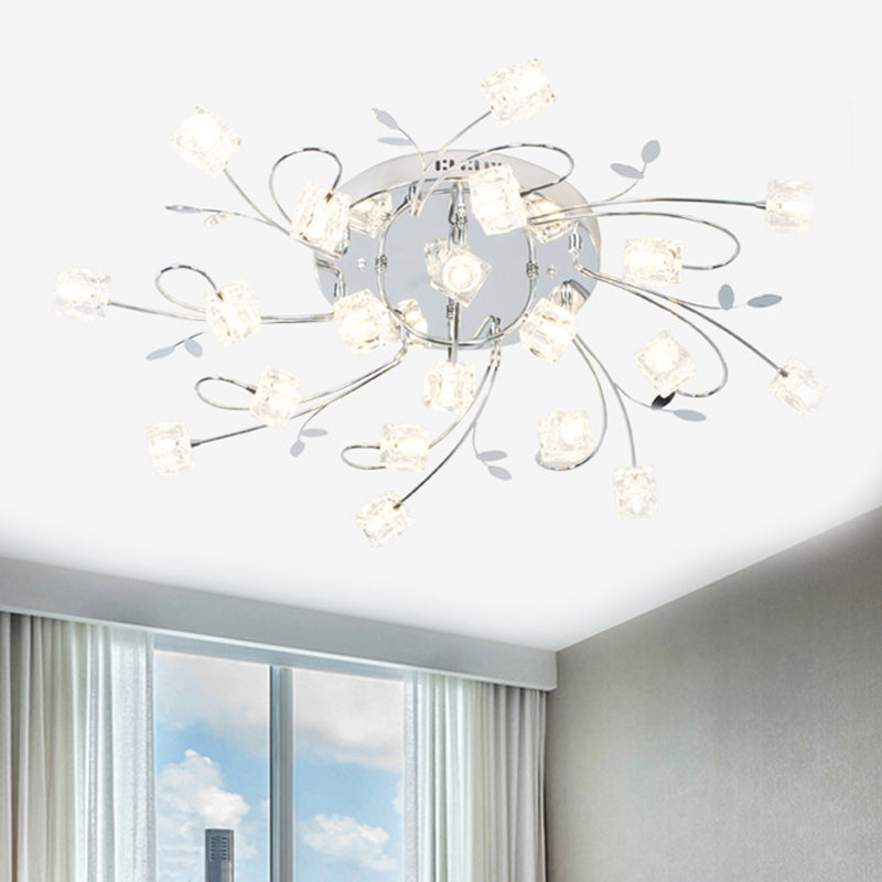 Chrome Cube Semi Flush Mount Modern 11/20-Light Hand-Cut Crystal Ceiling Lamp with Metal Leaf Deco Clearhalo 'Ceiling Lights' 'Close To Ceiling Lights' 'Close to ceiling' 'Semi-flushmount' Lighting' 1650826