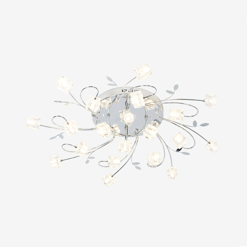 Chrome Cube Semi Flush Mount Modern 11/20-Light Hand-Cut Crystal Ceiling Lamp with Metal Leaf Deco Clearhalo 'Ceiling Lights' 'Close To Ceiling Lights' 'Close to ceiling' 'Semi-flushmount' Lighting' 1650827