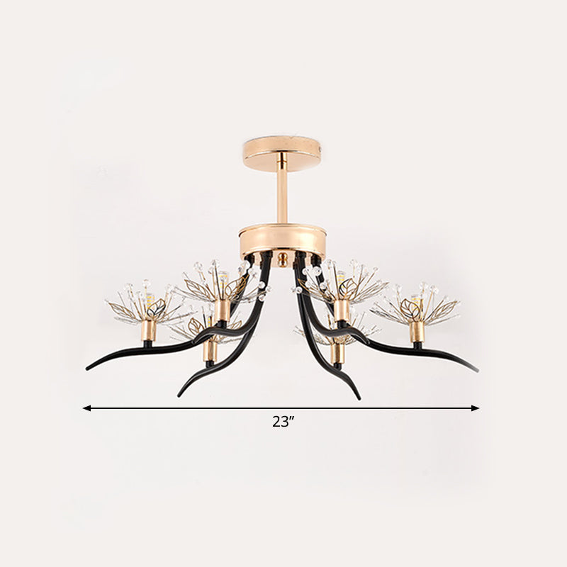 Chinese Redbud Ceiling Mounted Light Modern Style Faceted Crystal 6-Bulb Black Semi Flush Chandelier Clearhalo 'Ceiling Lights' 'Close To Ceiling Lights' 'Close to ceiling' 'Semi-flushmount' Lighting' 1650832