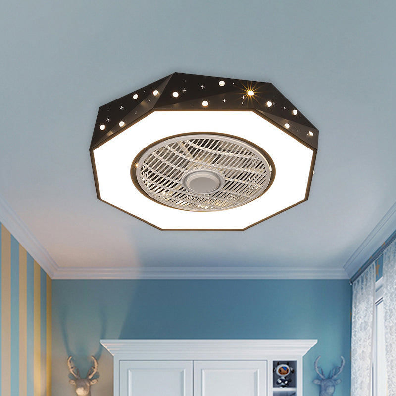 Octagonal LED Semi Flush Mount Lighting Simple Metallic White/Black/Pink Ceiling Fan Light for Kids Bedroom, 21.5" Wide Black Clearhalo 'Ceiling Fans with Lights' 'Ceiling Fans' 'Kids Ceiling Fans' 'Kids' Lighting' 1650982