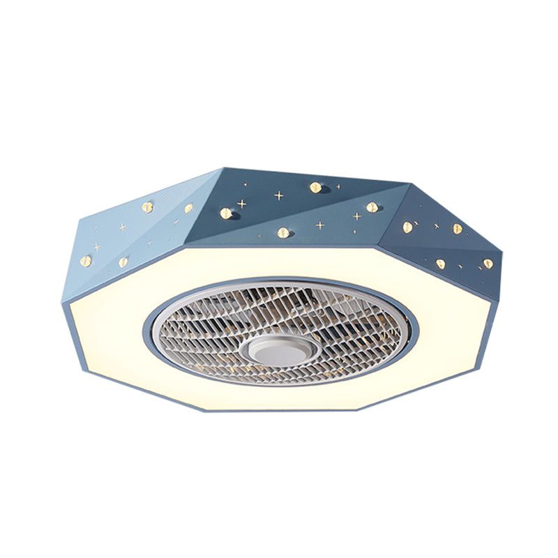 Octagonal LED Semi Flush Mount Lighting Simple Metallic White/Black/Pink Ceiling Fan Light for Kids Bedroom, 21.5