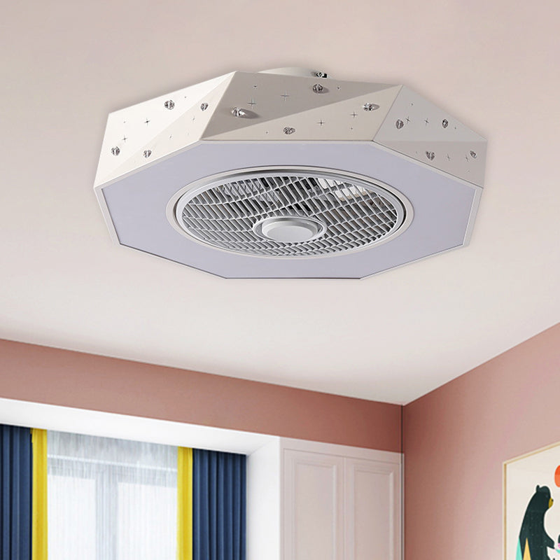Octagonal LED Semi Flush Mount Lighting Simple Metallic White/Black/Pink Ceiling Fan Light for Kids Bedroom, 21.5" Wide White Clearhalo 'Ceiling Fans with Lights' 'Ceiling Fans' 'Kids Ceiling Fans' 'Kids' Lighting' 1650993