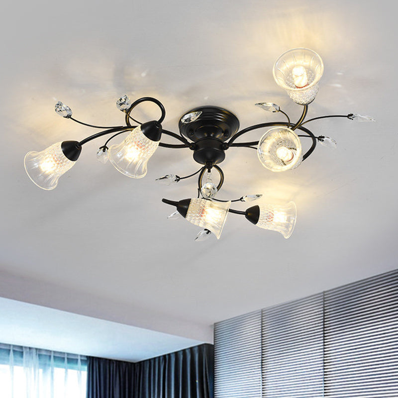 Clear Crystal Flared Ceiling Flush Minimalist 6-Head Black/Gold Semi Flush Mount Light with Curved Arm Black Clearhalo 'Ceiling Lights' 'Close To Ceiling Lights' 'Close to ceiling' 'Semi-flushmount' Lighting' 1651034