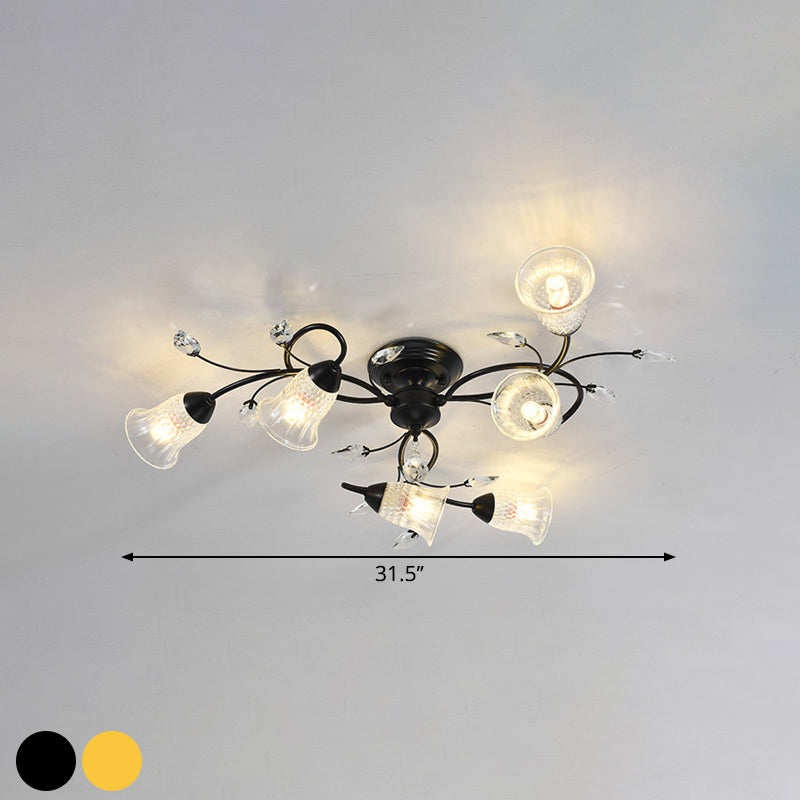 Clear Crystal Flared Ceiling Flush Minimalist 6-Head Black/Gold Semi Flush Mount Light with Curved Arm Clearhalo 'Ceiling Lights' 'Close To Ceiling Lights' 'Close to ceiling' 'Semi-flushmount' Lighting' 1651037