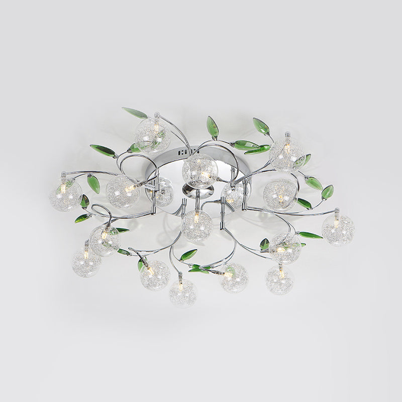 Leave Drawing Room Semi Mount Lighting Green Crystal 15 Lights Modern Ceiling Flush with Clear Glass Shade in Chrome Clearhalo 'Ceiling Lights' 'Close To Ceiling Lights' 'Close to ceiling' 'Semi-flushmount' Lighting' 1651280