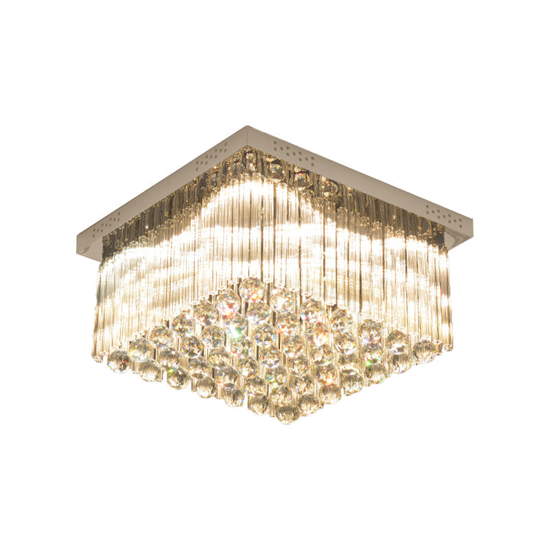 Square LED Close to Ceiling Lamp Simplicity Crystal Rod and Ball Great Room Flush Lamp in Chrome, Warm/White Light Clearhalo 'Ceiling Lights' 'Close To Ceiling Lights' 'Close to ceiling' 'Flush mount' Lighting' 1651315