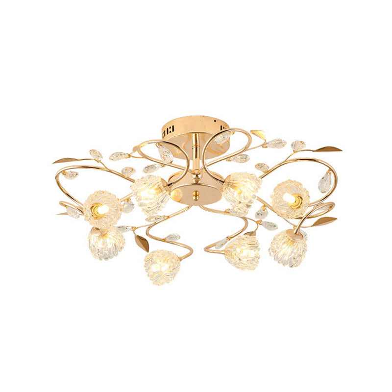 Prismatic Crystal Floral Ceiling Light Contemporary 8 Bulbs Semi Flush Mount with Metal Leaf Design in Gold Clearhalo 'Ceiling Lights' 'Close To Ceiling Lights' 'Close to ceiling' 'Semi-flushmount' Lighting' 1651323