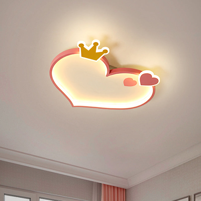 Metallic Loving Heart Flush Ceiling Light Cartoon LED Pink Flush Mount with Crown Decor Clearhalo 'Ceiling Lights' 'Close To Ceiling Lights' 'Close to ceiling' 'Flush mount' Lighting' 1651338