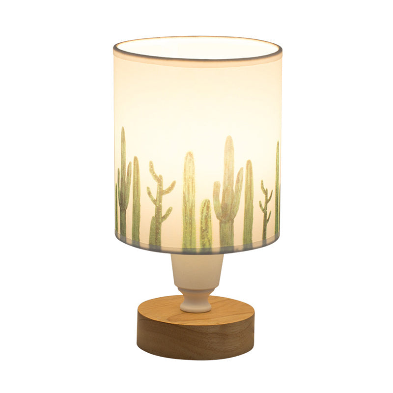 Fabric Cylinder Desk Light Modern 1-Bulb Reading Lamp with Tree/Fish/Cactus Deco and Wooden Base in White Clearhalo 'Lamps' 'Table Lamps' Lighting' 1651351