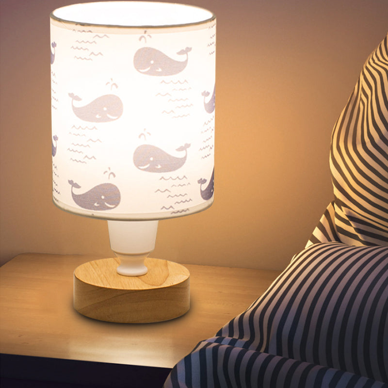 Fabric Cylinder Desk Light Modern 1-Bulb Reading Lamp with Tree/Fish/Cactus Deco and Wooden Base in White Clearhalo 'Lamps' 'Table Lamps' Lighting' 1651354