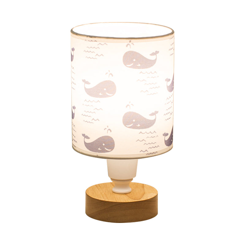 Fabric Cylinder Desk Light Modern 1-Bulb Reading Lamp with Tree/Fish/Cactus Deco and Wooden Base in White Clearhalo 'Lamps' 'Table Lamps' Lighting' 1651356