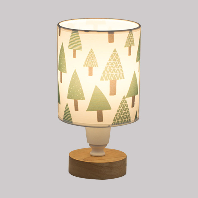 Fabric Cylinder Desk Light Modern 1-Bulb Reading Lamp with Tree/Fish/Cactus Deco and Wooden Base in White Clearhalo 'Lamps' 'Table Lamps' Lighting' 1651360