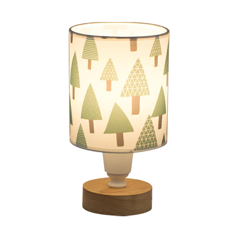 Fabric Cylinder Desk Light Modern 1-Bulb Reading Lamp with Tree/Fish/Cactus Deco and Wooden Base in White Clearhalo 'Lamps' 'Table Lamps' Lighting' 1651361
