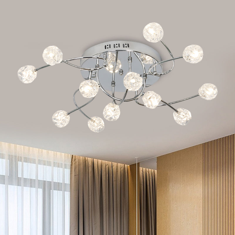 Minimalism Globe Semi Flush Light Beveled Crystal 12/16/20-Bulb Sitting Room Close to Ceiling Lamp in Chrome 16 Chrome Clearhalo 'Ceiling Lights' 'Close To Ceiling Lights' 'Close to ceiling' 'Semi-flushmount' Lighting' 1651393