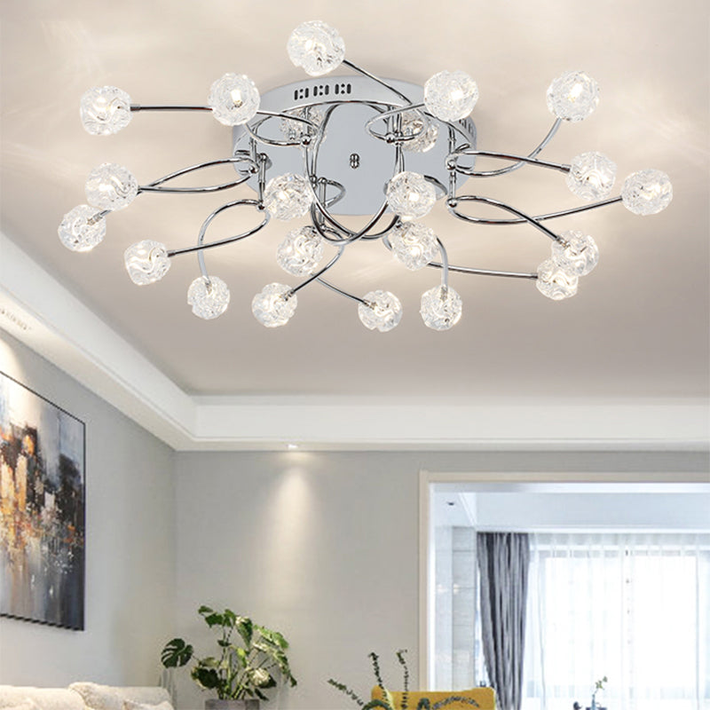 Minimalism Globe Semi Flush Light Beveled Crystal 12/16/20-Bulb Sitting Room Close to Ceiling Lamp in Chrome 20 Chrome Clearhalo 'Ceiling Lights' 'Close To Ceiling Lights' 'Close to ceiling' 'Semi-flushmount' Lighting' 1651398