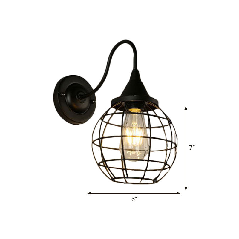 Rustic Style Ball Cage Wall Lighting with Gooseneck Arm 1 Bulb Iron Wall Sconce in Rust/Black Finish Clearhalo 'Art deco wall lights' 'Cast Iron' 'Glass' 'Industrial wall lights' 'Industrial' 'Middle century wall lights' 'Modern' 'Rustic wall lights' 'Tiffany' 'Traditional wall lights' 'Wall Lamps & Sconces' 'Wall Lights' Lighting' 165155