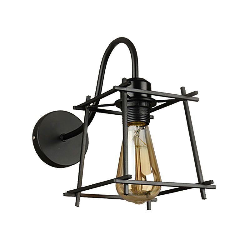 Metal Square/Diamond Cage Wall Lighting Vintage Industrial 1 Head Restaurant Wall Sconce Lighting in Black Clearhalo 'Art deco wall lights' 'Cast Iron' 'Glass' 'Industrial wall lights' 'Industrial' 'Middle century wall lights' 'Modern' 'Rustic wall lights' 'Tiffany' 'Traditional wall lights' 'Wall Lamps & Sconces' 'Wall Lights' Lighting' 165165