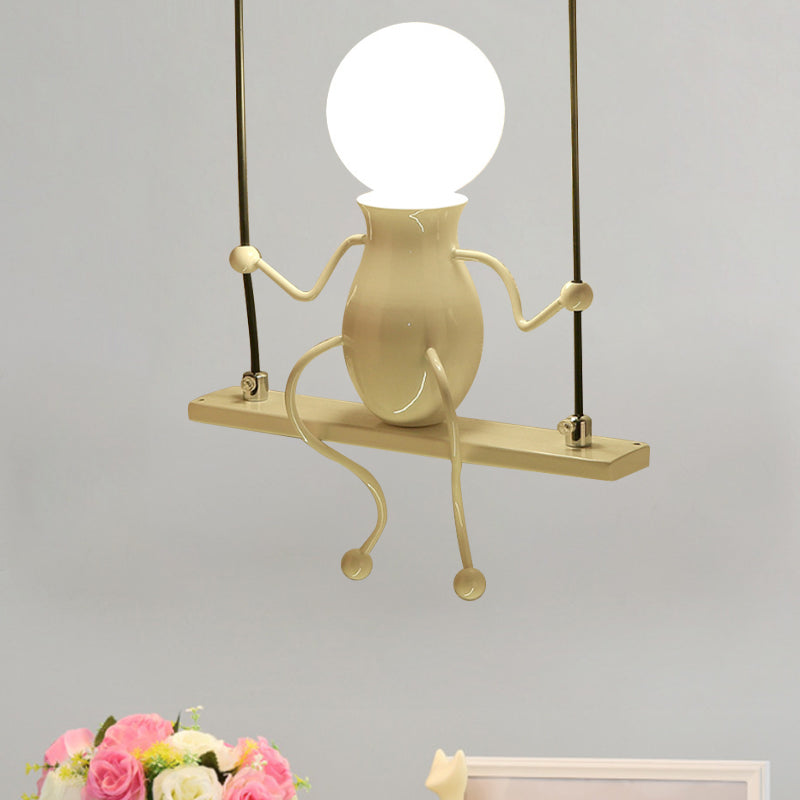 Swing Kid Metal Chandelier Lamp Cartoon 1/2 Heads Black/White Finish Hanging Light Fixture for Bedroom Clearhalo 'Ceiling Lights' 'Chandeliers' 'Modern Chandeliers' 'Modern' Lighting' 1651679