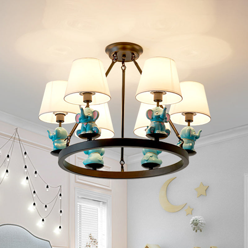 Black Ring Chandelier Lamp Cartoon 6-Head Metal Pendant Ceiling Light with Cone Fabric Shade and Pink/Blue Elephant Decor Clearhalo 'Ceiling Lights' 'Chandeliers' Lighting' options 1651720
