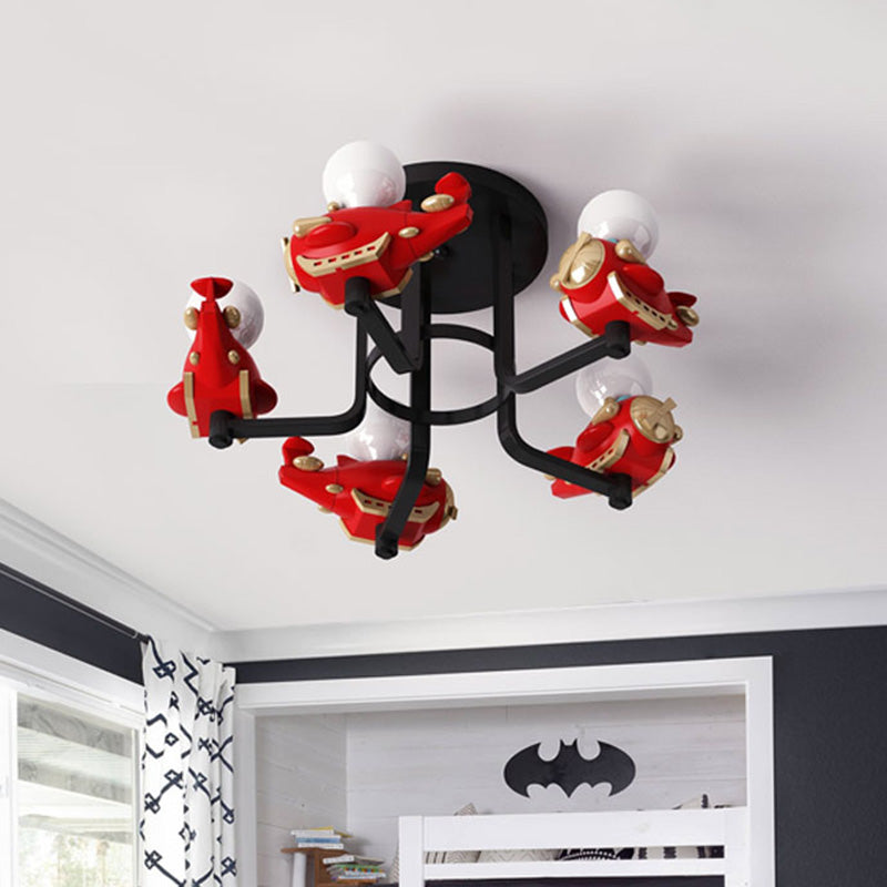 Airplane Metal Semi Flush Mount Cartoon 5 Lights Red Flush Ceiling Light for Boys Bedroom Clearhalo 'Ceiling Lights' 'Close To Ceiling Lights' 'Close to ceiling' 'Semi-flushmount' Lighting' 1651792