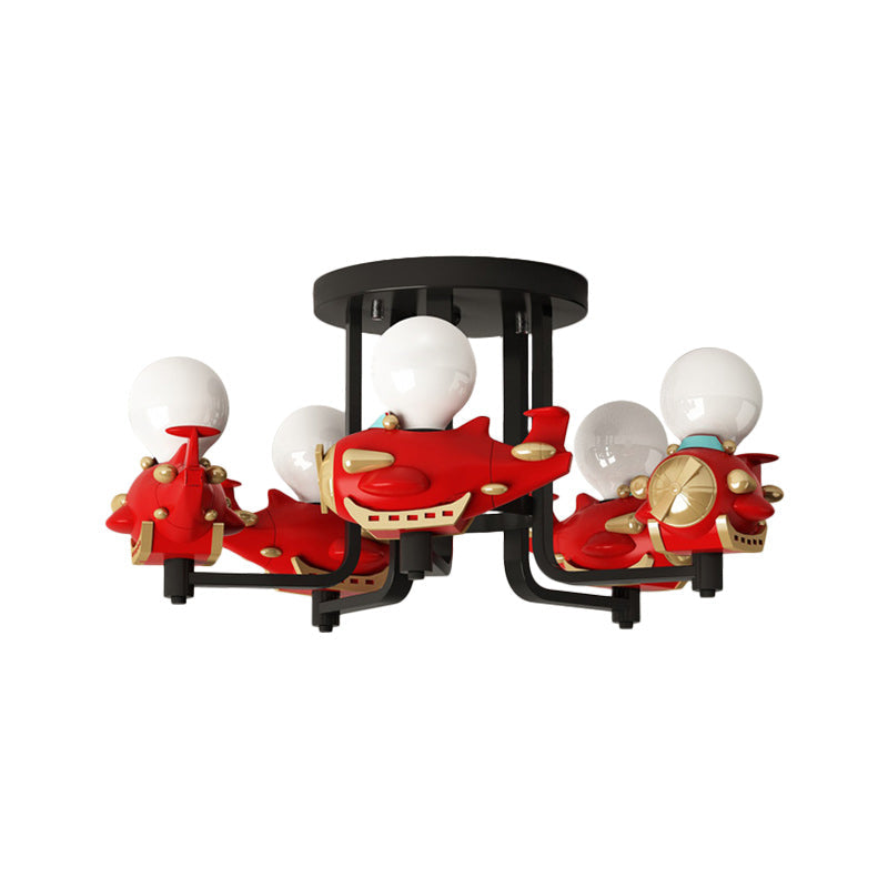 Airplane Metal Semi Flush Mount Cartoon 5 Lights Red Flush Ceiling Light for Boys Bedroom Clearhalo 'Ceiling Lights' 'Close To Ceiling Lights' 'Close to ceiling' 'Semi-flushmount' Lighting' 1651793