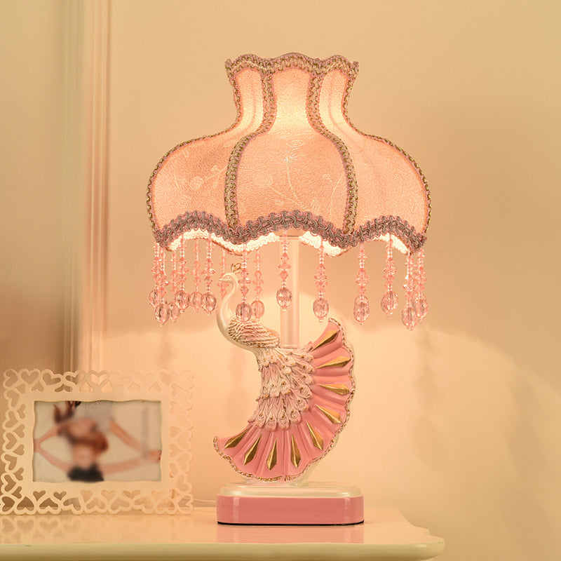 Fabric Dome Table Lamp Nordic 1-Bulb Pink/Blue Reading Book Light with Fringe and Peacock Deco Clearhalo 'Lamps' 'Table Lamps' Lighting' 1651954