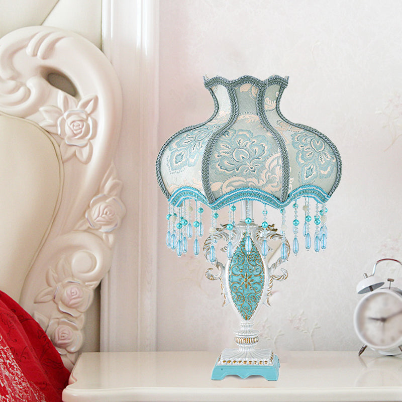 Domed Desk Light Modernist Fabric 1 Light Pink/Blue Table Lamp with Fringe and Vase Base Clearhalo 'Lamps' 'Table Lamps' Lighting' 1651962