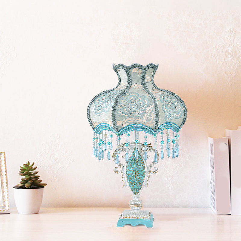 Domed Desk Light Modernist Fabric 1 Light Pink/Blue Table Lamp with Fringe and Vase Base Clearhalo 'Lamps' 'Table Lamps' Lighting' 1651963