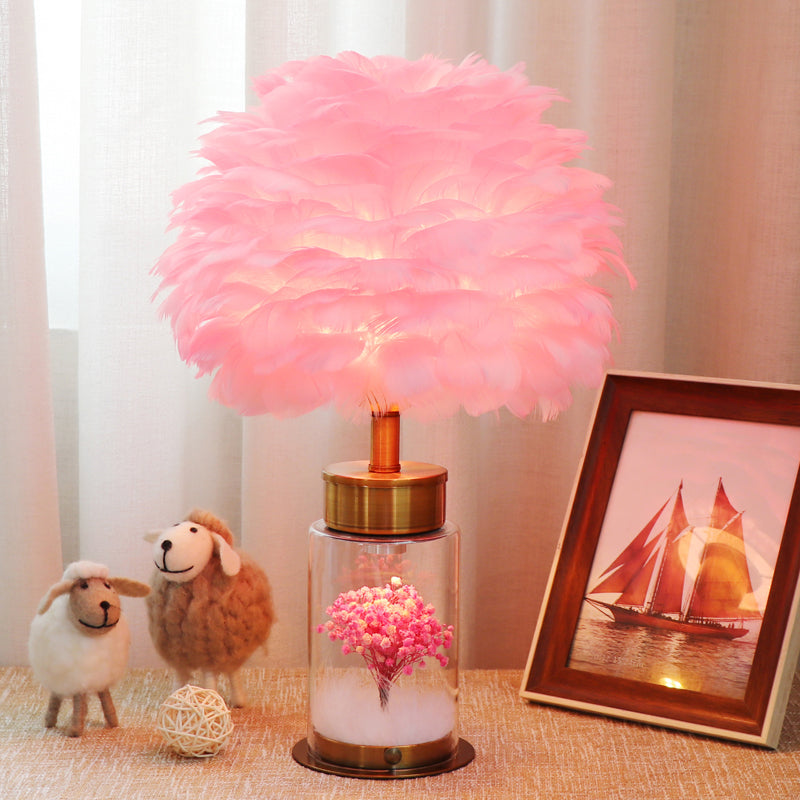Feather Globe Study Lamp Nordic 1 Bulb Desk Light with Bottle Base and Inner Flower Decor in Grey/White/Pink Clearhalo 'Lamps' 'Table Lamps' Lighting' 1652004