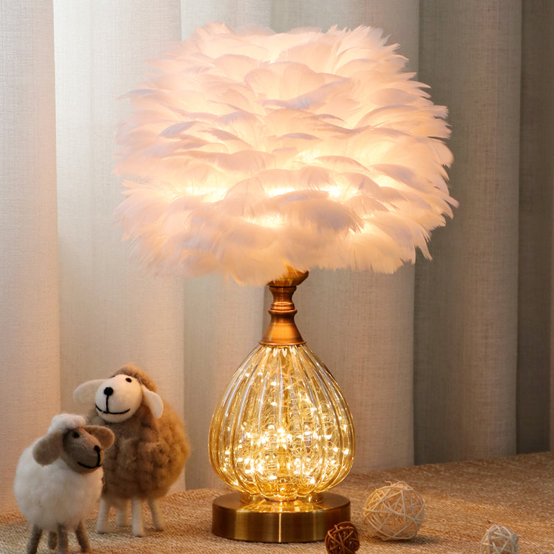 White Global Desk Light Modernist 1 Light Feather Night Table Lamp with Tapered Base White B Clearhalo 'Lamps' 'Table Lamps' Lighting' 1652015