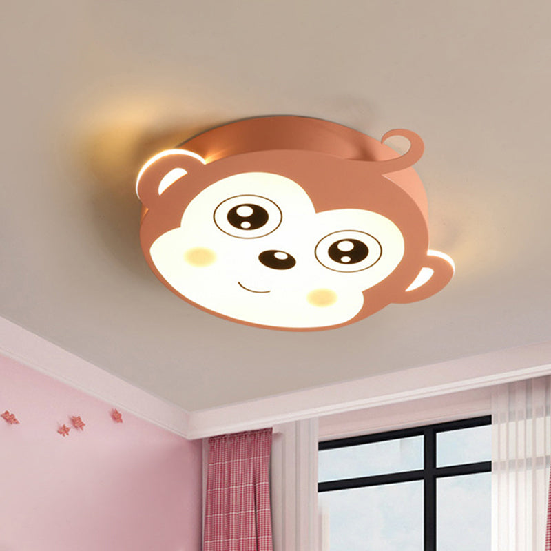 Pink/Coffee Monkey Close to Ceiling Lamp Cartoon LED Metallic Flush Mount Fixture for Children Room Pink Clearhalo 'Ceiling Lights' 'Close To Ceiling Lights' 'Close to ceiling' 'Flush mount' Lighting' 1652069