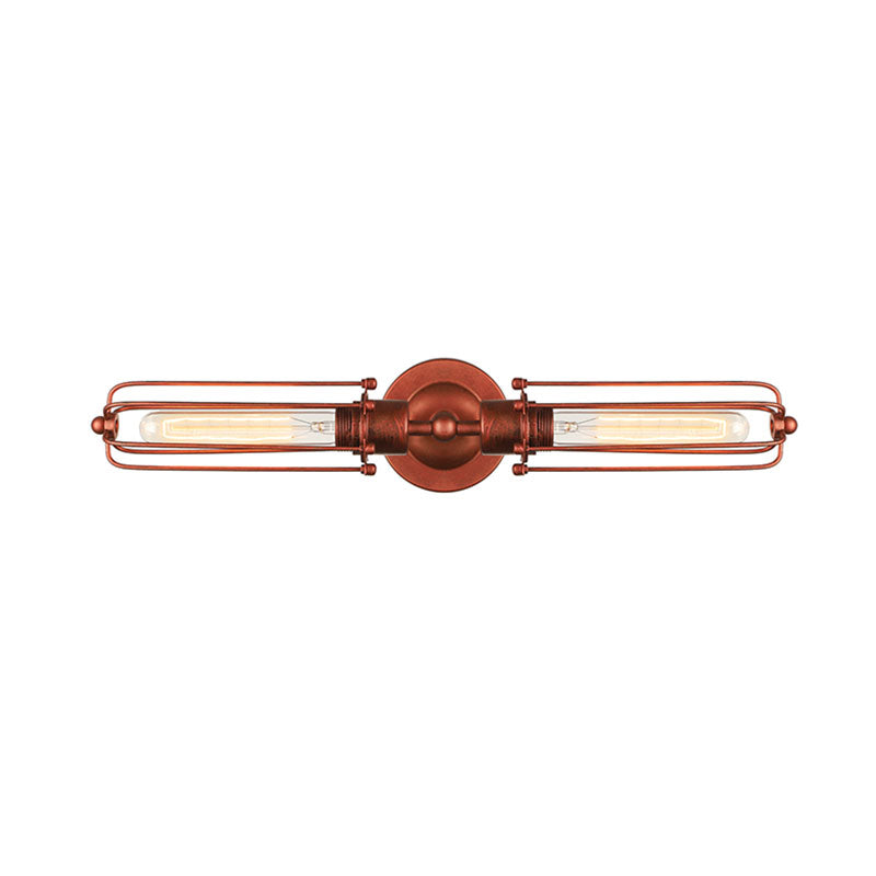 2 Lights Tube Cage Wall Lighting with Linear Design Industrial Style Rust/Black Metallic Wall Lamp for Corridor Clearhalo 'Art deco wall lights' 'Cast Iron' 'Glass' 'Industrial wall lights' 'Industrial' 'Middle century wall lights' 'Modern' 'Rustic wall lights' 'Tiffany' 'Traditional wall lights' 'Wall Lamps & Sconces' 'Wall Lights' Lighting' 165212