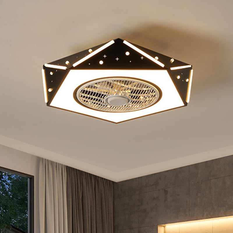 Faceted Pentagonal LED Semi Flush Light Modern Metal White/Black/Pink Ceiling Fan Lamp for Children Room, 21.5