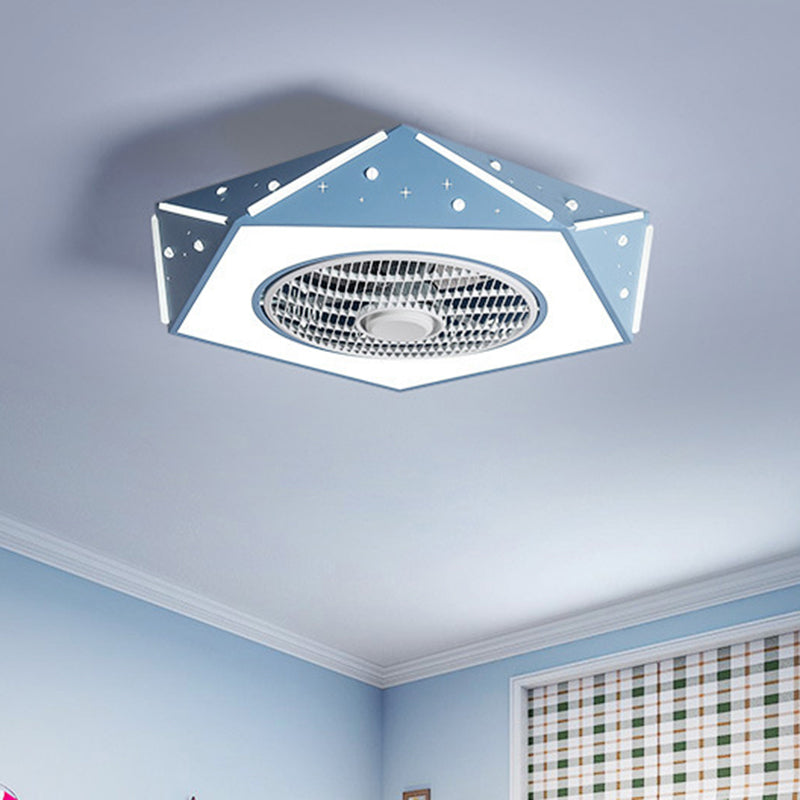 Faceted Pentagonal LED Semi Flush Light Modern Metal White/Black/Pink Ceiling Fan Lamp for Children Room, 21.5" Wide Clearhalo 'Ceiling Fans with Lights' 'Ceiling Fans' 'Kids Ceiling Fans' 'Kids' Lighting' 1652167