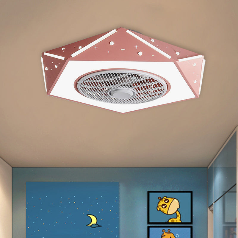 Faceted Pentagonal LED Semi Flush Light Modern Metal White/Black/Pink Ceiling Fan Lamp for Children Room, 21.5