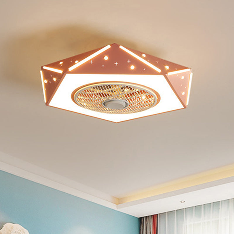Faceted Pentagonal LED Semi Flush Light Modern Metal White/Black/Pink Ceiling Fan Lamp for Children Room, 21.5