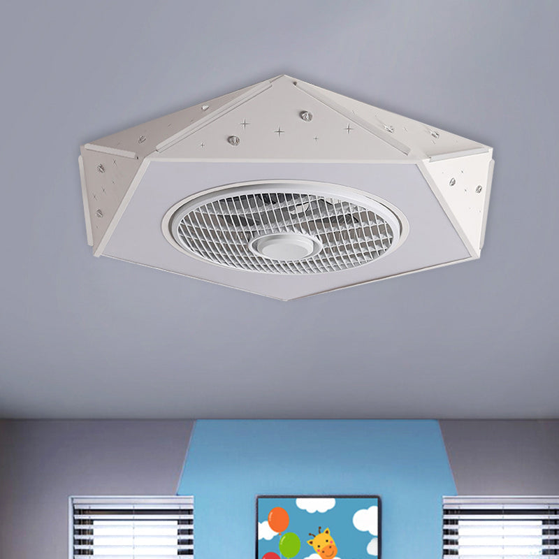 Faceted Pentagonal LED Semi Flush Light Modern Metal White/Black/Pink Ceiling Fan Lamp for Children Room, 21.5
