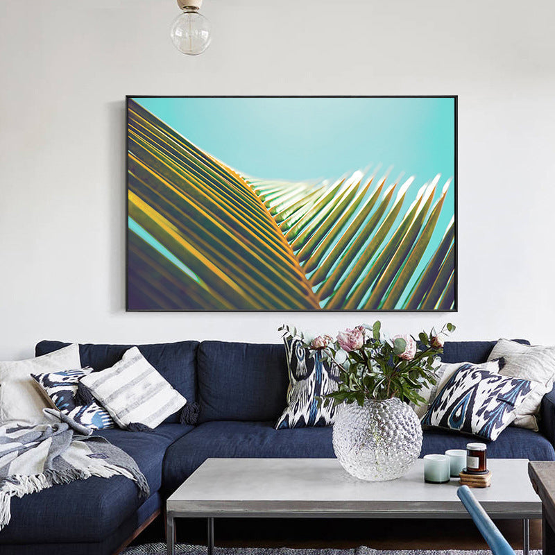 Coconut Branch Wall Art Tropical Beautiful Palm Leaf Canvas Print in Green on Blue Green Clearhalo 'Art Gallery' 'Canvas Art' 'Coastal Art Gallery' 'Nautical' Arts' 1652386