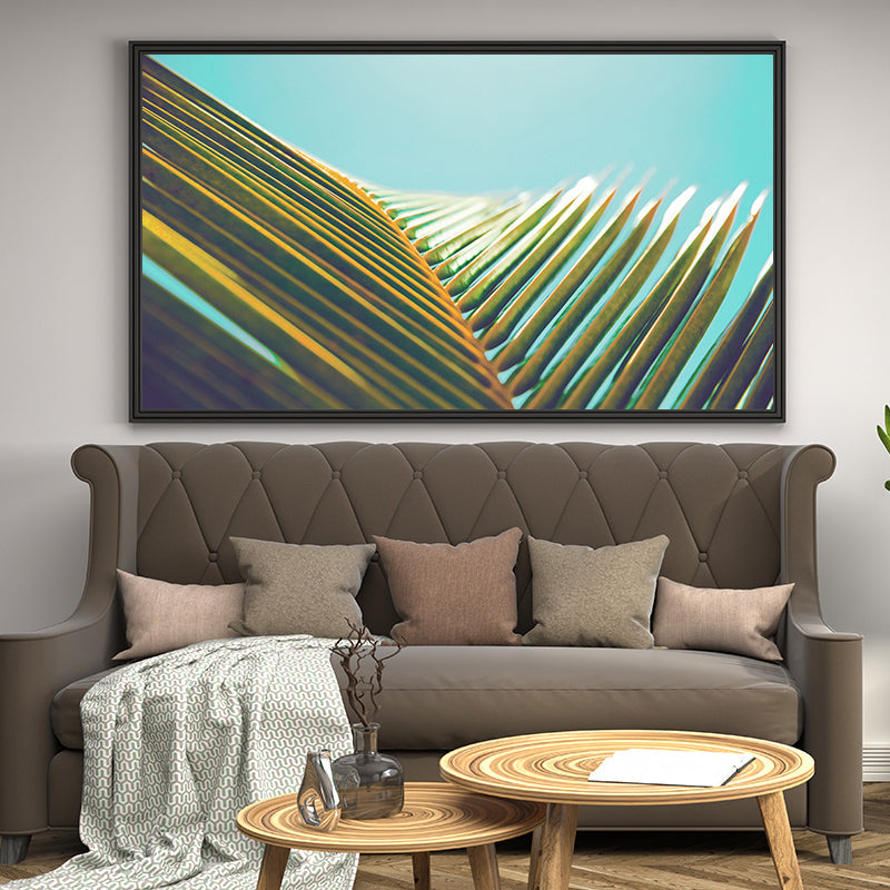 Coconut Branch Wall Art Tropical Beautiful Palm Leaf Canvas Print in Green on Blue Clearhalo 'Art Gallery' 'Canvas Art' 'Coastal Art Gallery' 'Nautical' Arts' 1652387