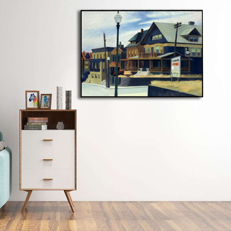 Blue Suburb Houses Painting Canvas Textured Surface Wall Art for Living Room Blue Clearhalo 'Art Gallery' 'Canvas Art' 'Traditional' Arts' 1652393